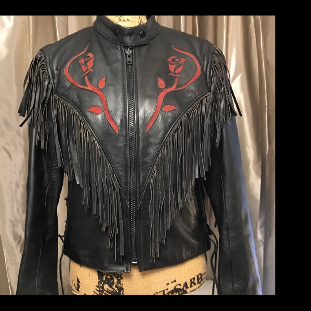 Black and red leather motor cycle jacket